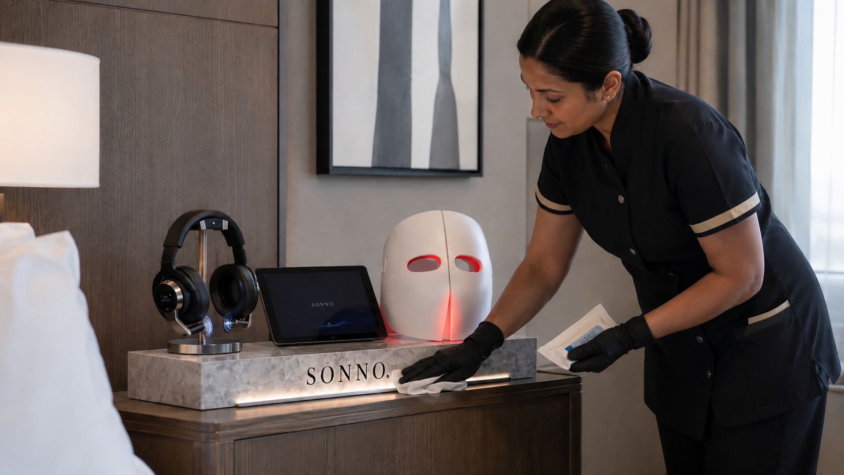 Housekeeping team preparing a guest room